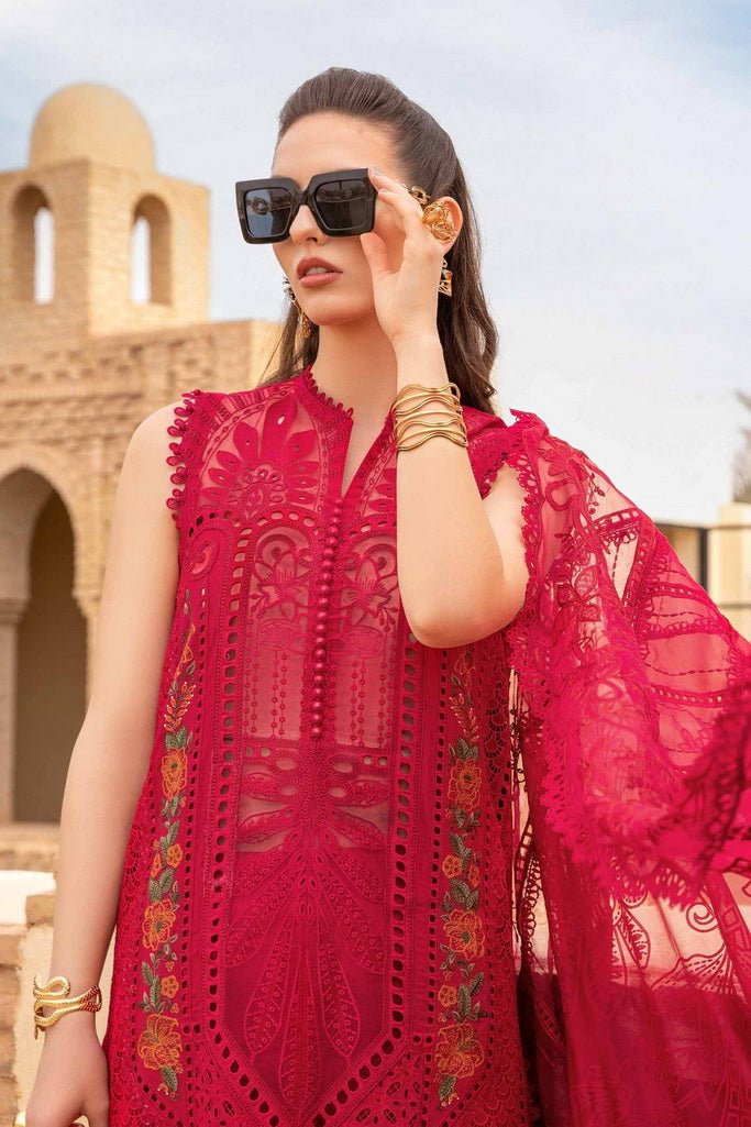 Summer Collection 3 piece unstitched fully embroidered lawn fabric mb 100 red