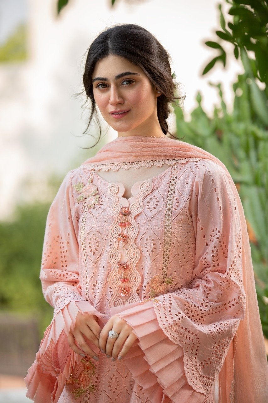 3 piece unstitched lawn chicken kari embroided suit with embroided bamber chiffon duppata cs 1200