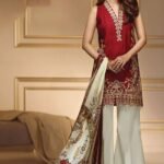 3 pc Lawn Embroided suit with Chiffon dupatta-AN Red
